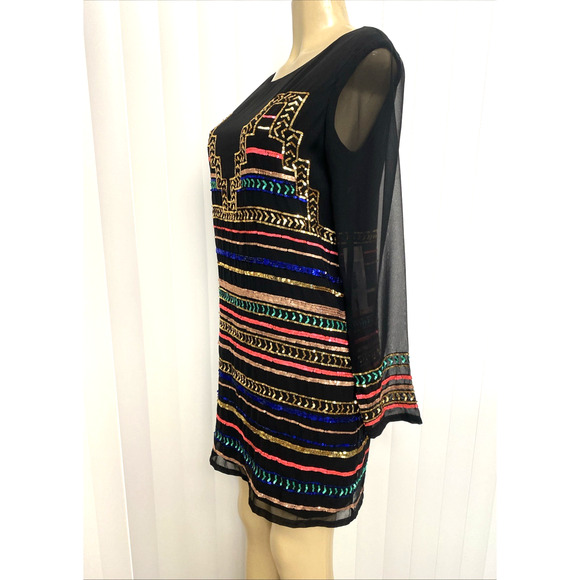 NWT Mara Hoffman Mini Dress Black Striped Multi Color Sequin Long Sleeve… - Picture 5 of 9